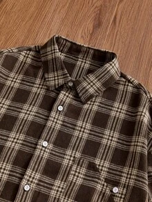 SWAVVY 1pc Ultra Loose Cotton Plaid Print Drop Shoulder Shirt - Coffee Brown - View 4