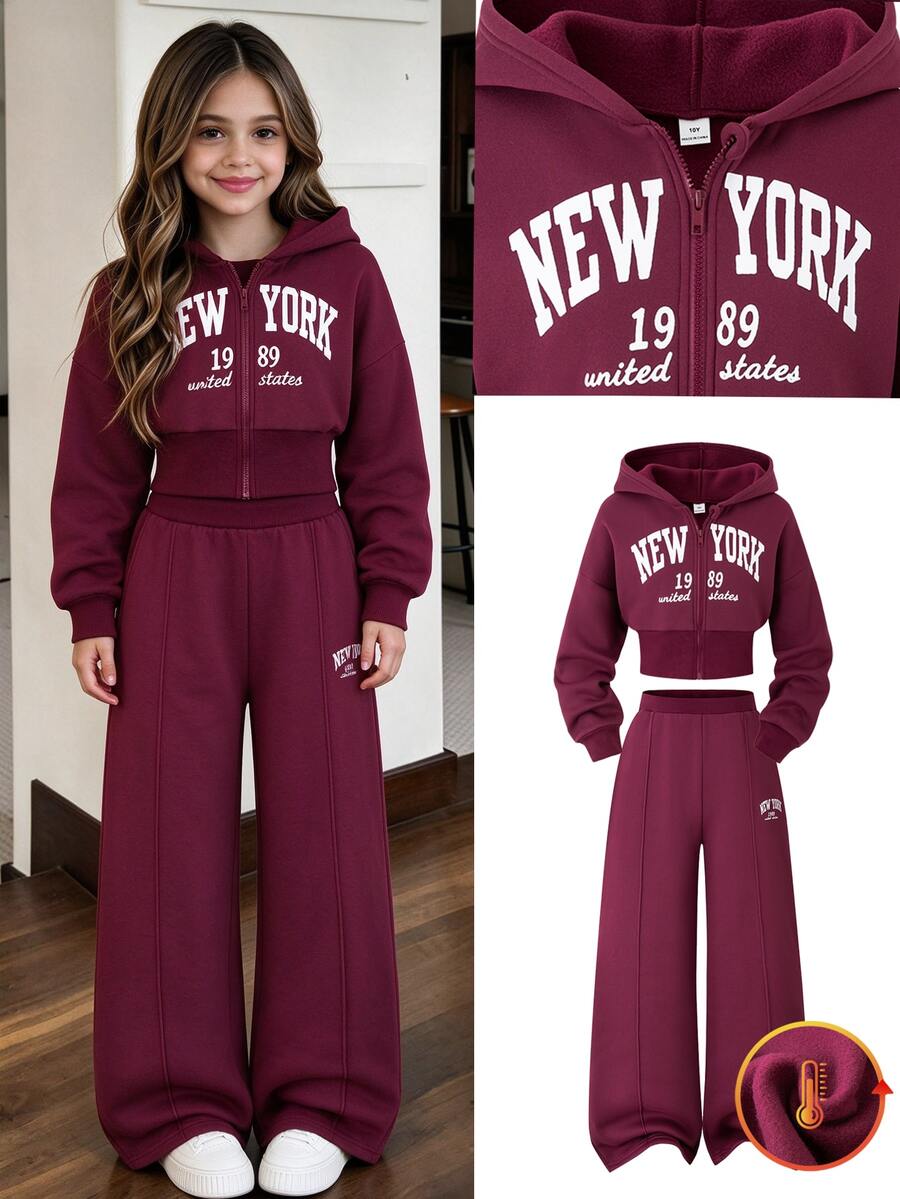 SHEIN 青少年女孩酒紅色拉鍊連帽衛衣與寬腿長褲套裝,秋冬休閒運動風字母圖案穿搭 - 酒紅色 - 查看 1
