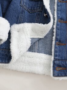 SHEIN 小男孩舒適休閒保暖內裡牛仔夾克，秋冬款 - 中等水洗藍 - 查看 6