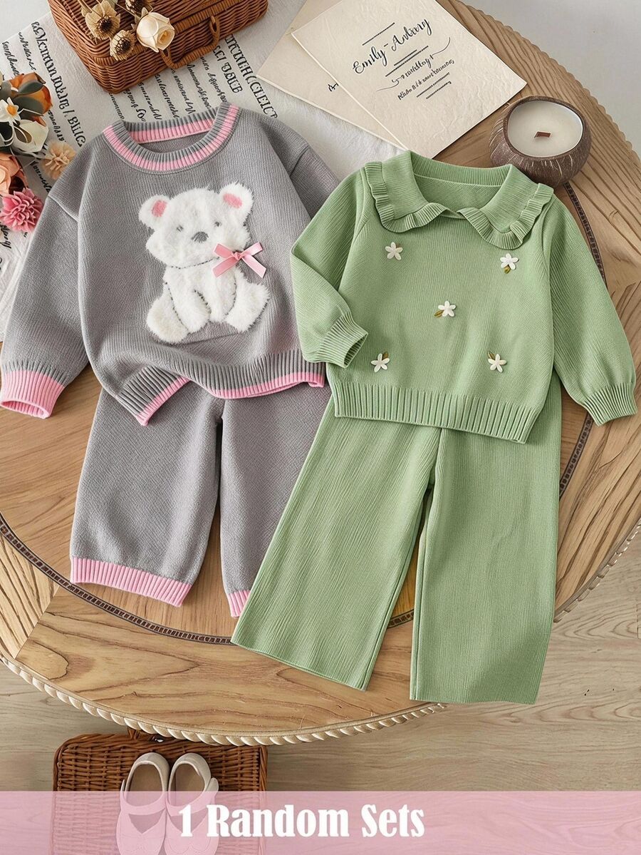 SHEIN Baby Girl Knitted Cute Floral Pattern Peter Pan Collar Sweater Top And Long Pants 2 Pieces Set, Suitable For Autumn/Winter - Green - View 1