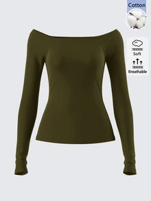 SHEIN BASICS 女款休閒極簡基本款性感純色露肩長袖修身正裝上衣 海軍藍 日常外出約會秋季上衣 - 軍綠色 - 查看 5