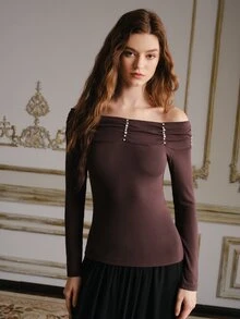 Anewsta Women's Faux Pearl Decorated Long Sleeve Top Streetwear - Coffee Brown - View 3