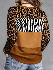 SHEIN LUNE Plus Size Leopard Print Patchwork Long Sleeve T-Shirt Streetwear - Multicolor - View 2