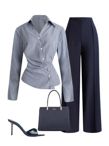GlowEve CURVE Plus Size Women's Striped Pleated Long Sleeve Top And Pants Casual Daily 2 Pieces Set - Multicolor - View 1