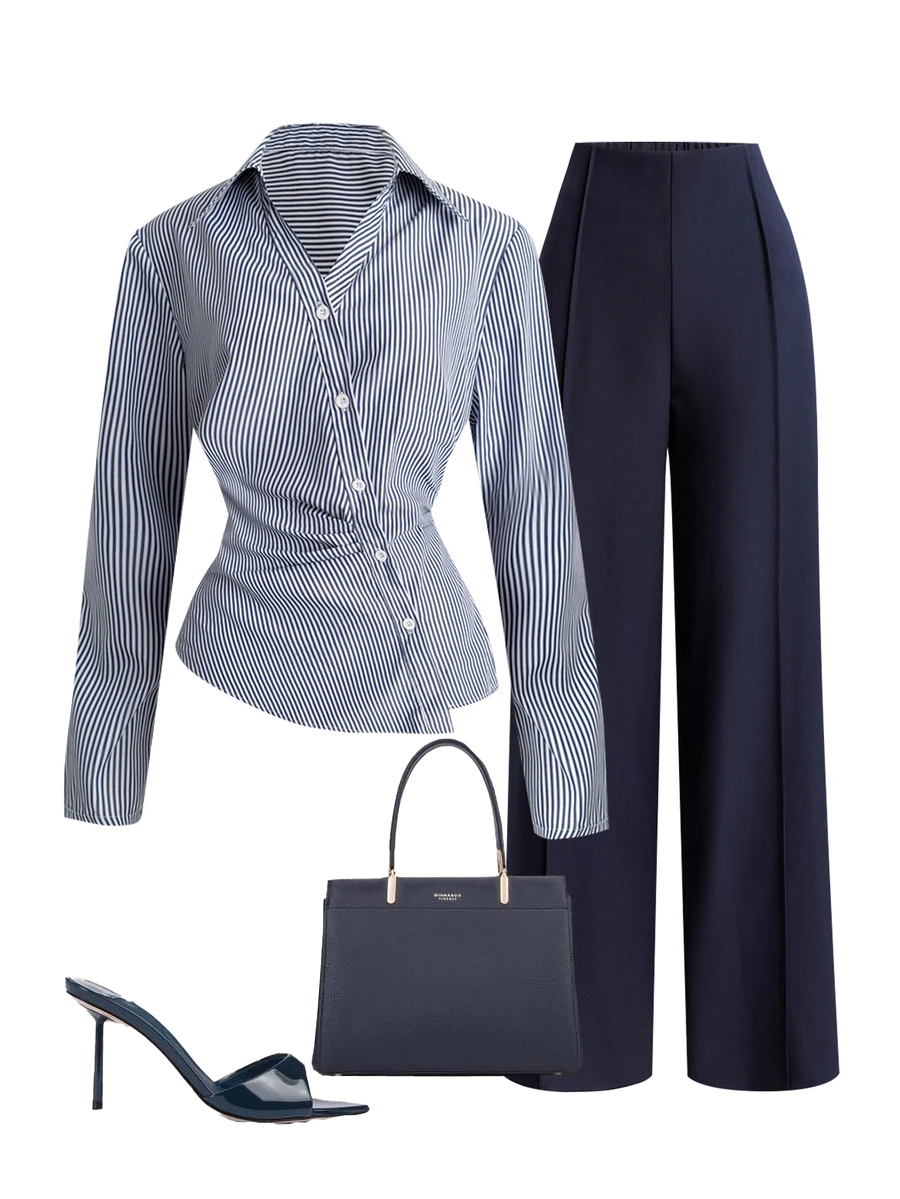 GlowEve CURVE Plus Size Women's Striped Pleated Long Sleeve Top And Pants Casual Daily 2 Pieces Set - Multicolor - View 1