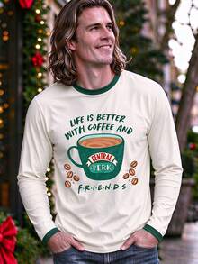 FRIENDS X SHEIN تي شيرت رجالي بأكمام طويلة مطبوع بنمط القهوة - متعدد الألوان - مشاهدة 2