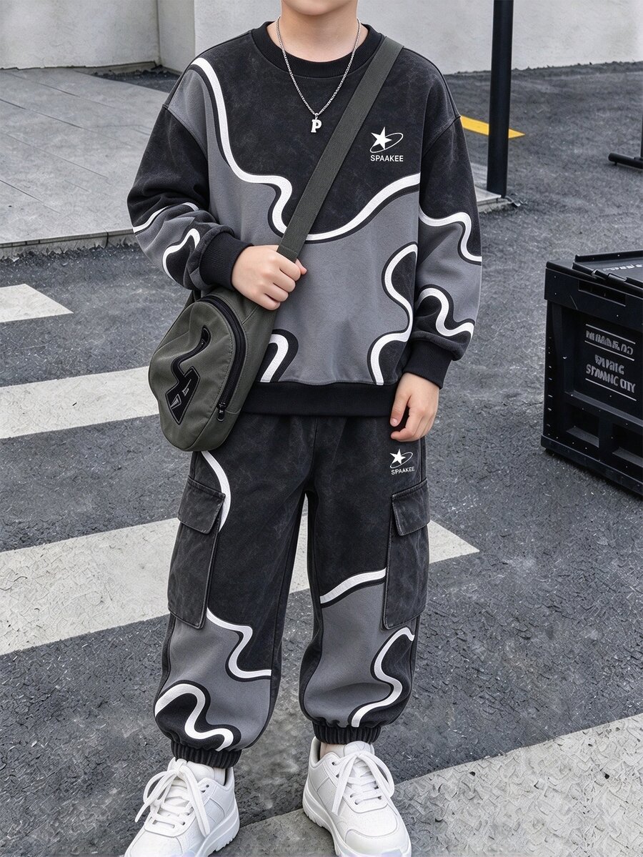1套數位印花黑色上衣與黑色長褲,青少年男孩長袖運動衫與慢跑工裝褲套裝,休閒酷感 - 彩色 - 查看 1