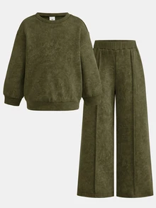 SHEIN 女童加厚秋冬新款運動衫套裝，多色可選，休閒百搭街頭風，開學季、萬聖節適用 - 綠色 - 查看 13