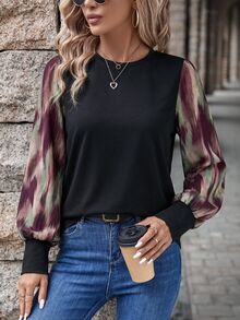 Easowa 女款圓領燈籠袖休閒花卉優雅秋冬內搭上衣，優雅女式襯衫，派對、萬聖節 - 彩色 - 查看 4