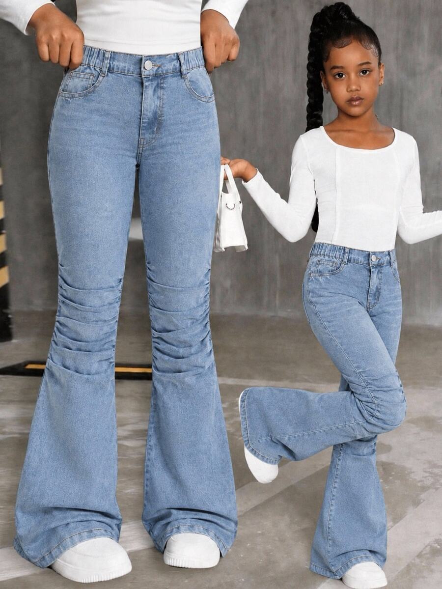 SHEIN Girls' Y2K Style Stretch Flare Leg Jeans, Distressed Ripped Raw Hem Vintage Denim Craft, Fashionable Versatile Suitable For All Seasons Autumn Fall - Medium Wash - View 1