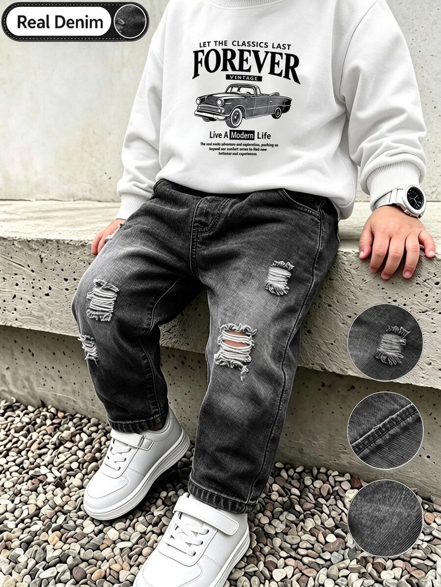 SHEIN 2件組幼兒男童復古汽車字母印花衛衣與磨損彈性腰牛仔慢跑褲,長袖套頭衫,秋季兒童休閒套裝 - 黑與白 - 查看 1