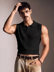 FeverCity Men's Solid Color Hollow Design Polo Collar Knit Vest - Black - View 5