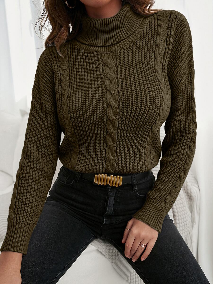 SHEIN كنزة صوفية بأكمام طويلة بلون موحد للنساء ذوات المقاسات الكبيرة للارتداء اليومي العادي - أخضر داكن - مشاهدة 1