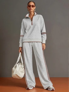 SHEIN LUNE CURVE Plus Size Women's Colorblock Long Sleeve Top And Pants Casual Everyday 2 Pieces Set - Grey - View 4
