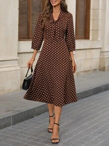 SHEIN LUNE Women's Tie Neck Polka Dot Casual Party Mid-Length Dress Fall/Winter Dress Work Dresses For Women - Brown - View 4
