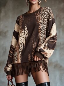SHEIN LUNE CURVE Plus Size Fashion Leopard Print Long Sleeve Sweatshirt - Multicolor - View 3