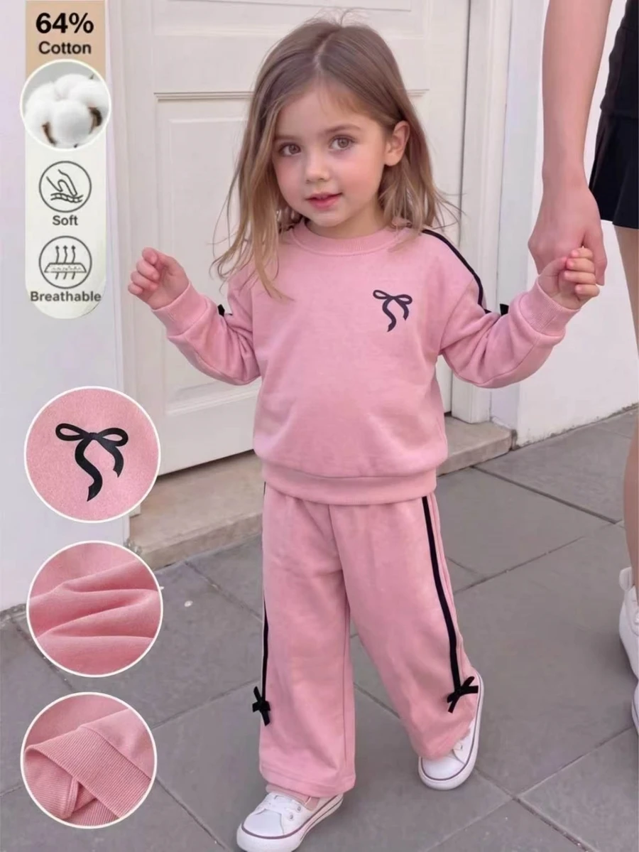 SHEIN Young Girl 2pcs Bow Decor Striped Side Crew Neck Sweatshirt & Wide Leg Pants Set, Cute Solid Pink Casual Outfit