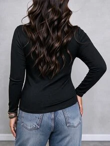 Ceyna Plus Size Women's French Casual Frog Button Long Sleeve Top, Autumn Solid Color Ribbed Slim Fit Base Layer, Water Drop Hollow Design, Inner Wear For Daily Commute And Date, Chinese Style Flattering Versatile Long Sleeve T-Shirt, Slim Fit To Highlight Curves And Create Atmospheric Look - Black - View 2