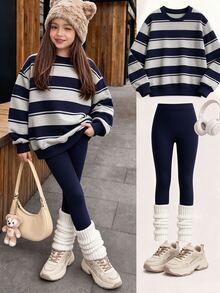 Tween Girls Navy Blue & Grey Floral Print Crew Neck Sweatshirt Set, Zebra Print Sweatshirt Set, Personalized Sweatshirt, Suitable For Autumn/Winter, Daily Wear, Casual Style, Energetic Outfit, Basic Style, Comfortable And Easy To Wear - Multicolor - View 1
