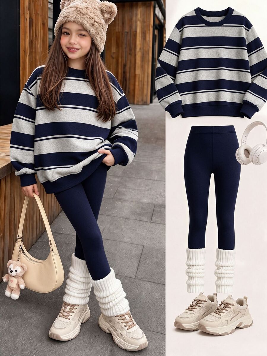 Tween Girls Navy Blue & Grey Floral Print Crew Neck Sweatshirt Set, Zebra Print Sweatshirt Set, Personalized Sweatshirt, Suitable For Autumn/Winter, Daily Wear, Casual Style, Energetic Outfit, Basic Style, Comfortable And Easy To Wear - Multicolor - View 1
