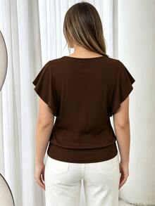 Elegantrix Plus Size Casual Commute Solid Color Ruffle Sleeve T-Shirt - Chocolate Brown - View 2