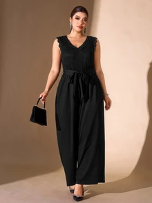 Cravure French Vintage Elegant Fashion Casual Lace Patchwork Ruffle Waist Tie Jumpsuit - Black - View 4
