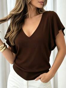 Elegantrix Plus Size Casual Commute Solid Color Ruffle Sleeve T-Shirt - Chocolate Brown - View 4