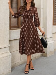SHEIN LUNE Women's Tie Neck Polka Dot Casual Party Mid-Length Dress Fall/Winter Dress Work Dresses For Women - Brown - View 6
