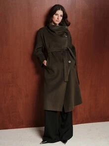Anewsta Women's Solid Color Fashion Versatile Daily Wear Reversible Wool Coat - Coffee Brown - View 1