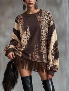 SHEIN LUNE CURVE Plus Size Fashion Leopard Print Long Sleeve Sweatshirt - Multicolor - View 1