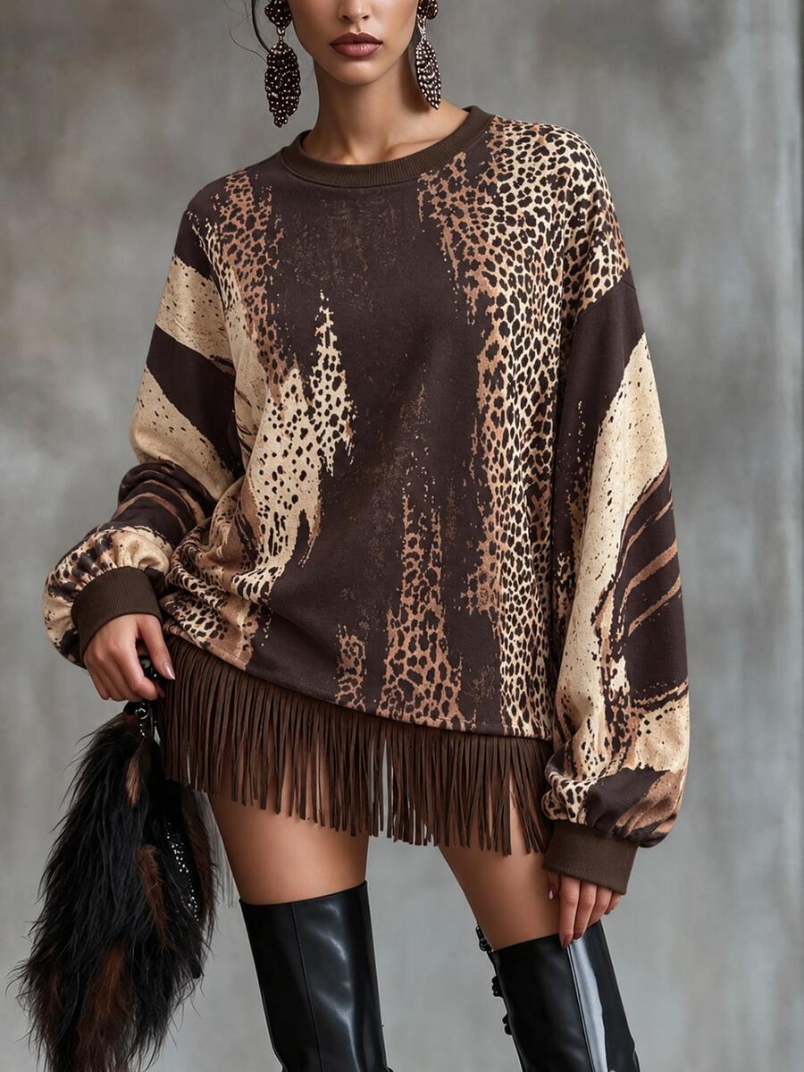 SHEIN LUNE CURVE Plus Size Fashion Leopard Print Long Sleeve Sweatshirt - Multicolor - View 1