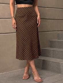 SHEIN LUNE 女款休閒波點棕色裙，適合四季穿著，波點裙，格紋裙，棕色，優雅裙，女款秋季服飾 - 彩色 - 查看 4
