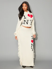NYA SZN Women's Jacquard Trim Streetwear Sweater Skirt - White - View 4