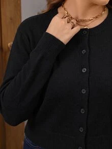 Miaspire Plus Size Women Solid Color Long Sleeve Single-Breasted Knit Cardigan - Black - View 8