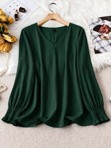 SHEIN LUNE CURVE 大尺碼女款純色休閒百搭日常襯衫 秋季 - 墨綠色 - 查看 1