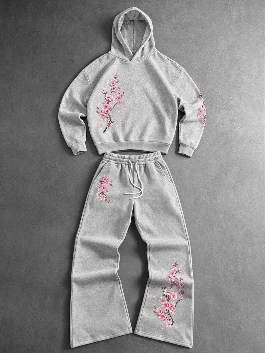 Manfinity Roghcode Men's Gray Hooded Sweatshirt & Flared Sweatpants 2 Pieces Set, Pink Cherry Blossom Branch Print, Vintage Street Style Casual Outfit, Suitable For Spring Vacation, Outdoor, Sports And Daily Wear - Grey - View 1