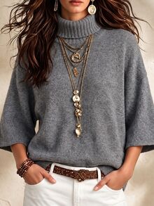 Glimmora Women's New Loose Casual Elegant Knit Turtleneck Pullover Sweater - Grey - View 3