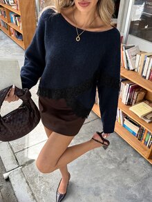 Serisse Women's Lace Pullover Long-Sleeved Sweater For Autumn,Women Fall Winter Sweater,Going Out Tops For Women - Navy Blue - View 9
