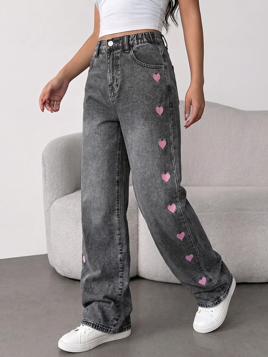 SHEIN Girls' Y2K Streetwear Cute Dark Grey Heart Embroidered Straight ...