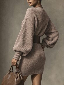 SHEIN 女款純色船領修身針織洋裝 - 摩卡棕 - 查看 2