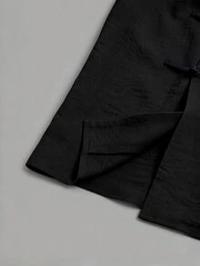 Linhara CURVE Spring/Autumn Stand Collar Asymmetric Front Opening Frog Button Chinese Style Shirt, Casual Commute Tea Party Minimalist Woven Loose Fit Plus Size Wom - Black - View 5