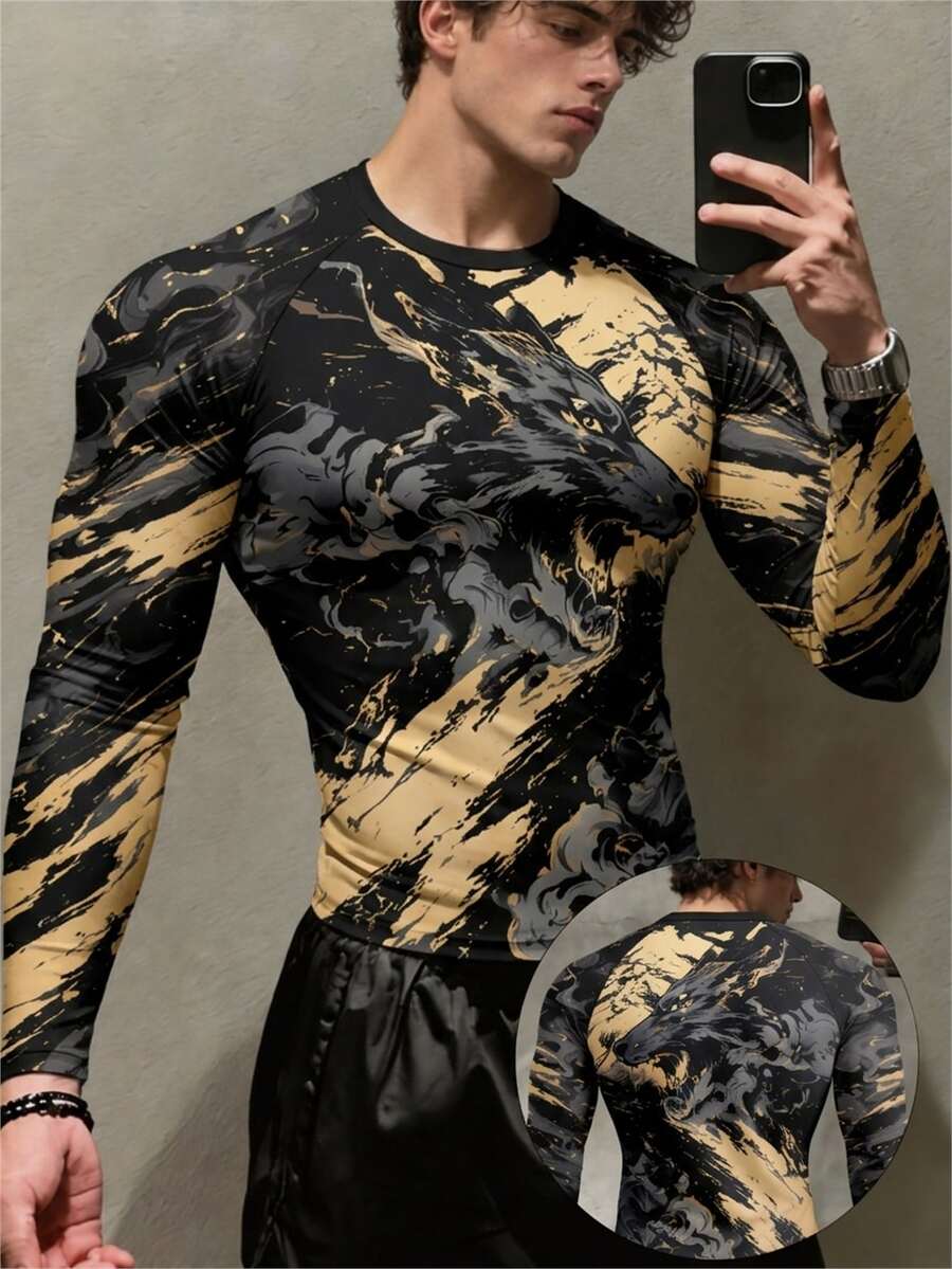 Gym Rark 男士修身長袖運動T恤,適合健身與跑步 - 黑色 - 查看 1