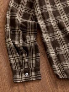SWAVVY 1pc Ultra Loose Cotton Plaid Print Drop Shoulder Shirt - Coffee Brown - View 6