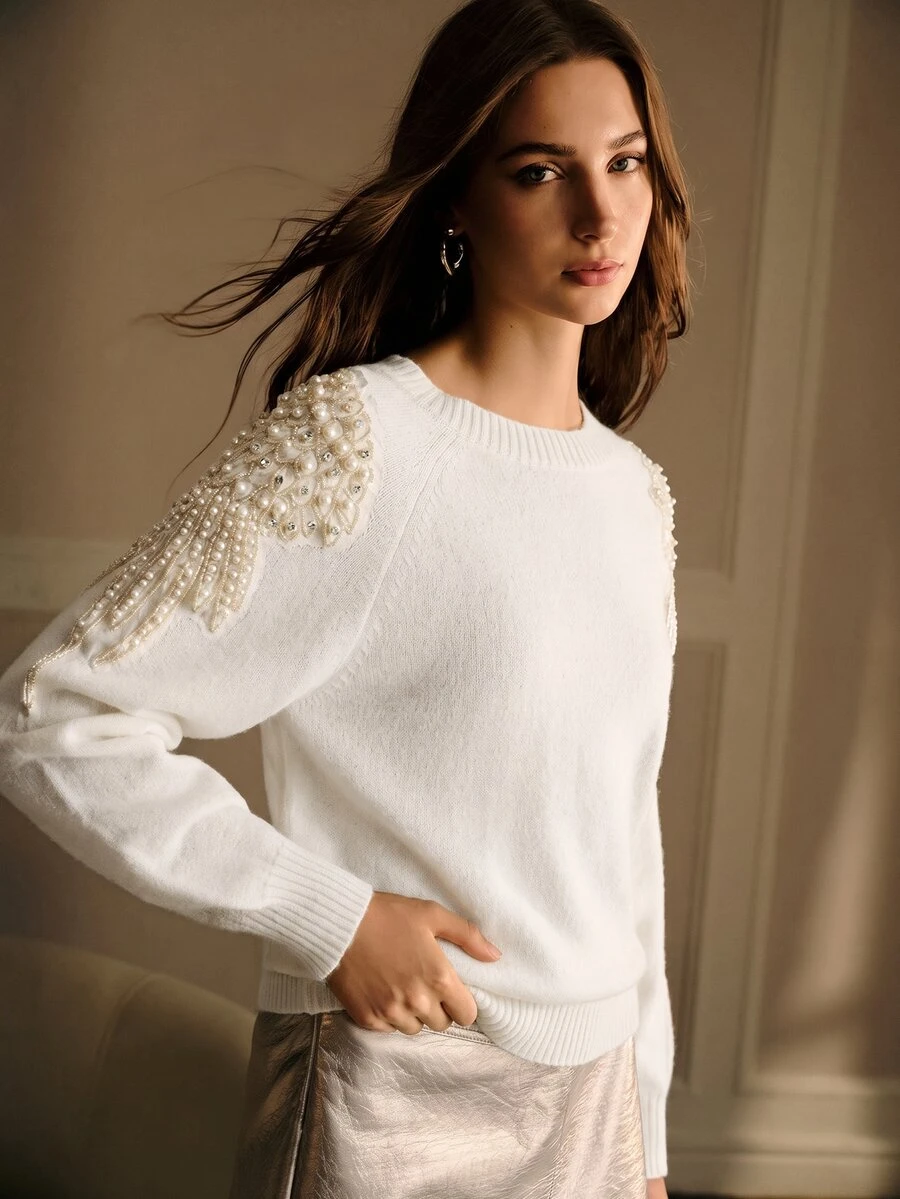MOTF PREMIUM WOMEN'S AUTUMN/WINTER BEADED DECOR RAGLAN SLEEVE LOOSE SWEATER - Apricot - View 2