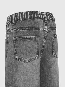 SHEIN 女童 Y2K 風格粉色愛心刺繡直筒寬鬆修身牛仔褲，舒適優質棉質丹寧，中藍色洗白效果，柔軟棉質布料，適合日常穿著、度假、上學、通勤、派對、節慶 - 灰色 - 查看 7
