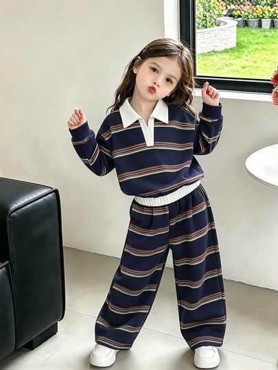 SHEIN Conjunto clásico de 2 piezas para niña joven, top tipo polo de manga larga con rayas multicolores retro y pantalones de chándal rectos holgados