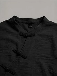 Linhara CURVE Spring/Autumn Stand Collar Asymmetric Front Opening Frog Button Chinese Style Shirt, Casual Commute Tea Party Minimalist Woven Loose Fit Plus Size Wom - Black - View 7