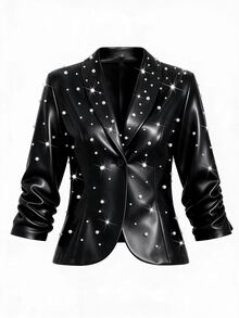 SHEIN LUNE CURVE Plus Size Women's PU Leather Casual Smart Jacket With Buttons, Ruched Cuffs, Suitable For Commuting Halloween Formal Going Out Office Black Autumn - Black - View 1