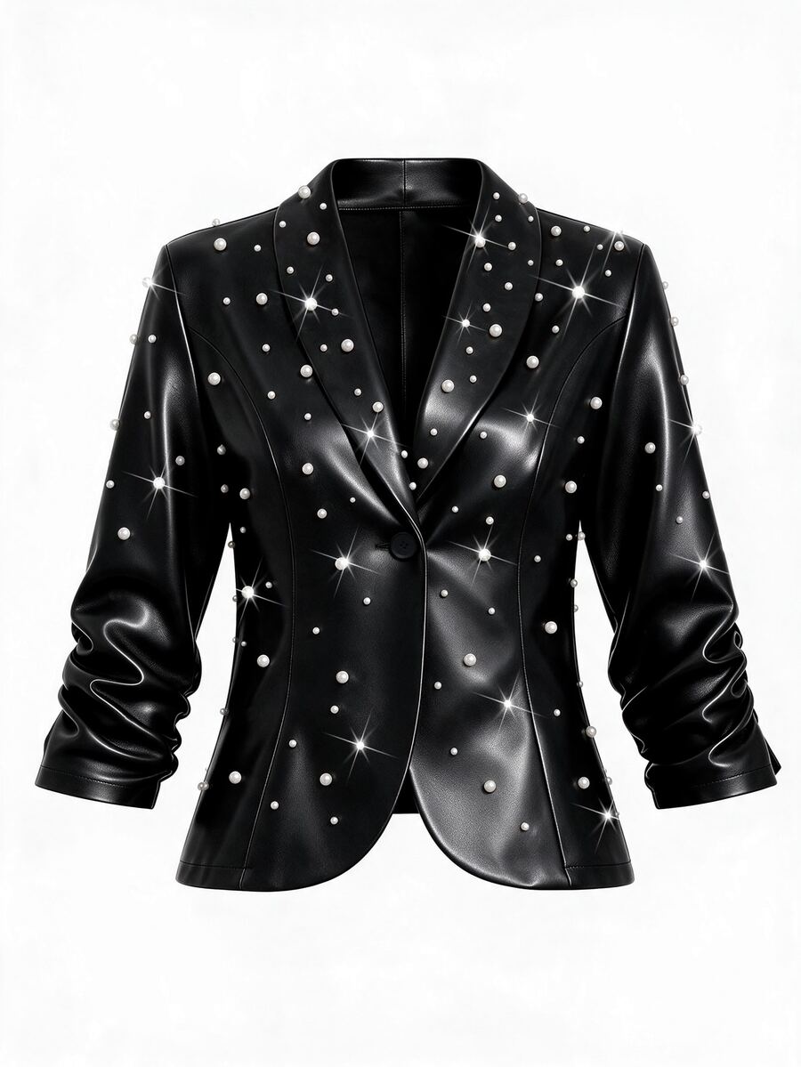 SHEIN LUNE CURVE Plus Size Women's PU Leather Casual Smart Jacket With Buttons, Ruched Cuffs, Suitable For Commuting Halloween Formal Going Out Office Black Autumn - Black - View 1