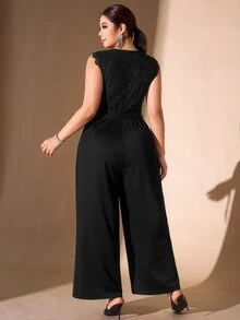 Cravure French Vintage Elegant Fashion Casual Lace Patchwork Ruffle Waist Tie Jumpsuit - Black - View 2